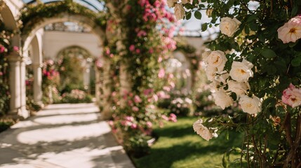 Rosy arbor path with white & pink roses, a sunny idyllic garden scene
