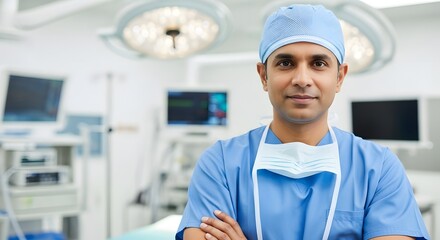 A surgeon in scrubs stands in an operating room with arms crossed and a surgical mask around his neck