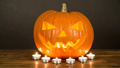 Spooky Jack-o-Lantern Pumpkin with Candles on Wooden Table.