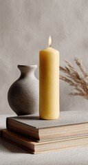 Lit Candle and Vase Sit on Books, Neutral Background