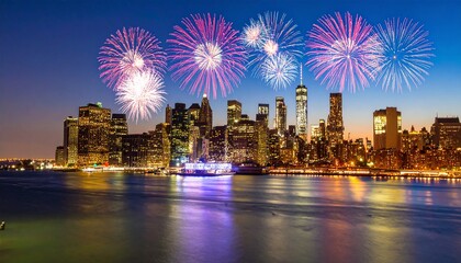 Obraz premium New York City Skyline Fireworks Display Over the Water at Night.