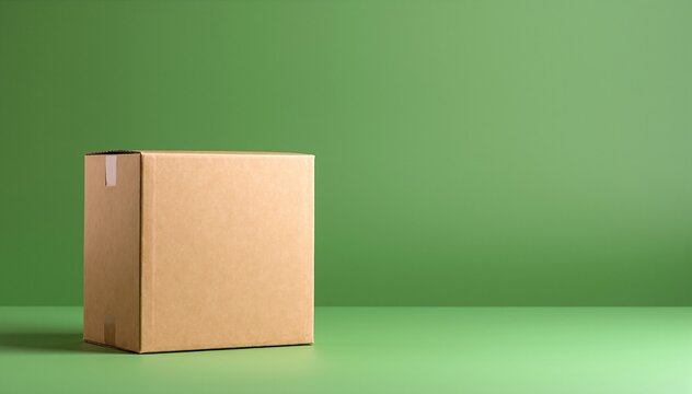 A simple brown cardboard box sits against a vibrant green background, showcasing its textured surface and flaps slightly open, inviting curiosity.