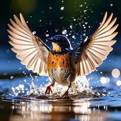 A colorful bird takes flight from water, wings spread wide, creating splashes