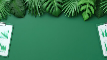 Sustainable corporate strategy concept with green tropical leaves and business charts on clipboard for eco friendly growth and success