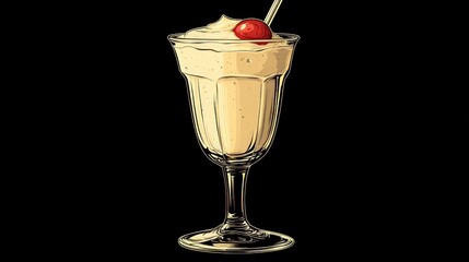 Creamy milkshake in a glass, topped with whipped cream and a cherry
