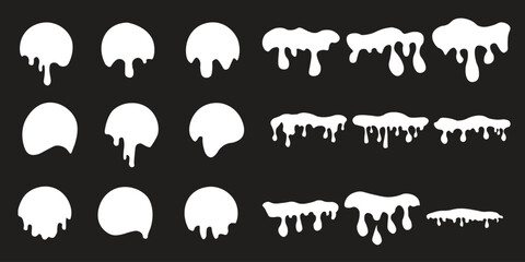 set of silhouette of dripping liquid, splashing flowing down. paint drips. vector illustration. negative version.