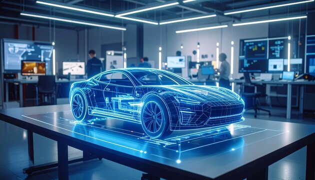 Futuristic Car Design in a Modern Tech Lab.