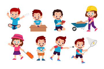 Set of cute little kids activities cartoon characters with little boy and girl catch butterfly, cut people paper, folding paper, glue paper, tap drum, throw stone, pull luggage, push wheelbarrow.