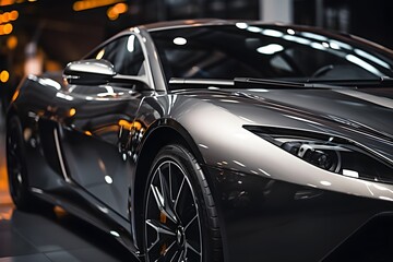 Fototapeta premium Close up of a luxury sport car headlight and front fender in a showroom or garage. Modern vehicle design and automotive technology.