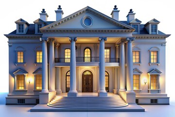 Fototapeta premium Magnificent grand mansion with columns and lit windows isolated on white background
