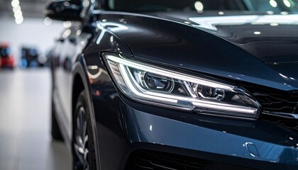 Fototapeta premium Sleek Dark Blue Car Headlight Modern Automotive Design.