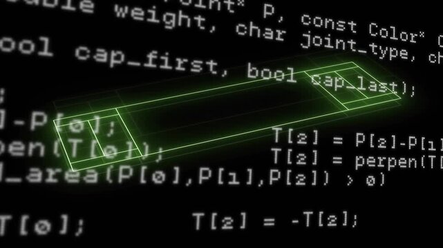 C++ code scrolling initiating green outline forming rotating wireframe prism illustrating structure