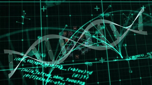 Entering from left dotted DNA helix rotating and gliding through data icons integrating bio data - Powered by Adobe