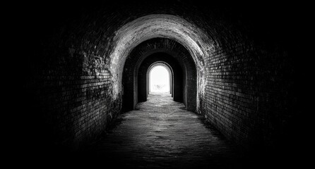 Dark tunnel arches, brick walls, light at end