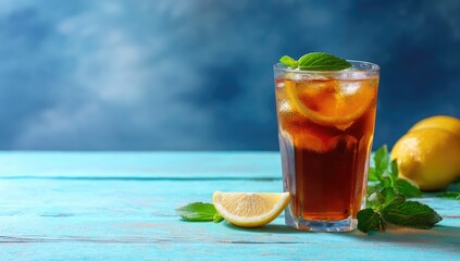 Fototapeta premium Iced tea with lemon and mint, on a blue wooden surface