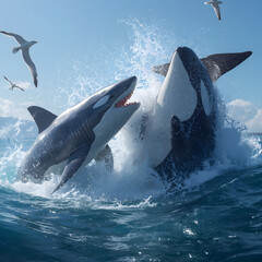 Fototapeta premium An orca whale is fighting on the surface of the sea with a shark.