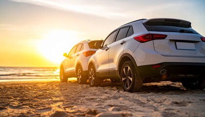 Obraz premium Two SUVs on a Beach at Sunset.