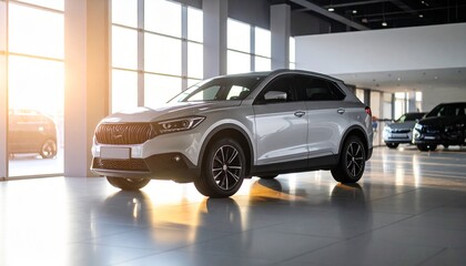 Silver SUV parked in a modern car dealership showroom with natural light.