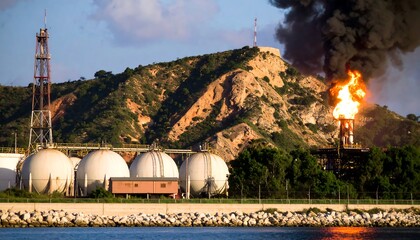 Industrial plant with large storage tanks and a fiery flare stack against a hillside.