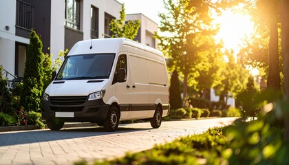 White commercial delivery van parked on a modern residential street with warm sunset light.