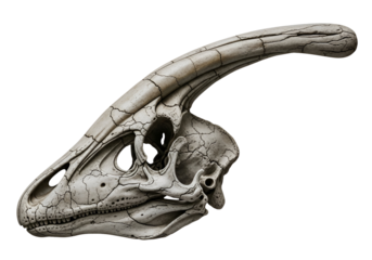 A detailed close-up of a dinosaur skull, showcasing intricate textures and a prominent crest.