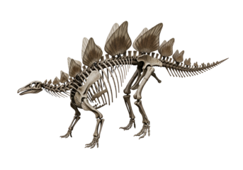 Detailed full shot of a stegosaurus skeleton, showcasing intricate bone structure and the distinctive plates, set against a striking black background.