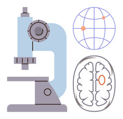 Microscope, stylized brain scan, and global network highlighting science, research, discovery, technology, neuroscience, education and innovation. Ideal for medical studies global science