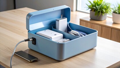 Modern blue cable organizer box charging a smartphone on a wooden desk.