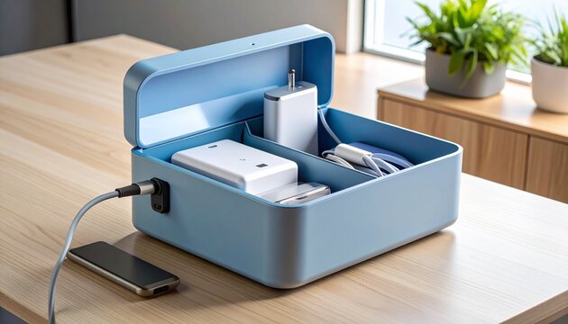 Modern blue cable organizer box charging a smartphone on a wooden desk.