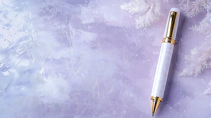 Luxury pen with intricate details rests on pastel lavender background, evoking elegance and sophistication