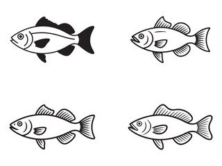 Four black and white fish silhouette illustrations.