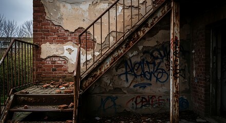 Rusty metal exterior stairs on a weathered building, urban decay.