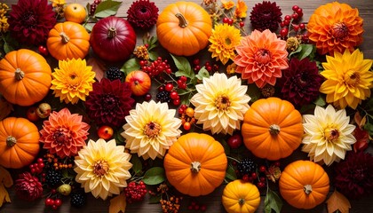 Colorful Autumn Arrangement of Pumpkins and Dahlias.