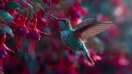Fototapeta premium Hummingbird feeds on flowers