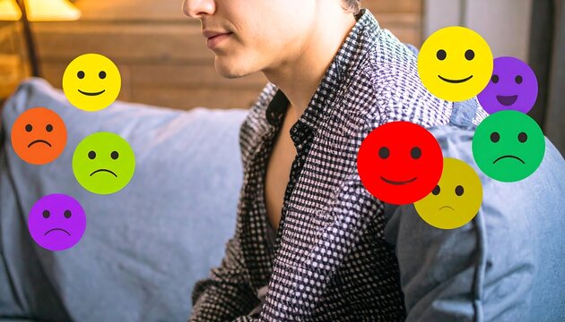 Person surrounded by colorful emotion emojis showing different feelings.