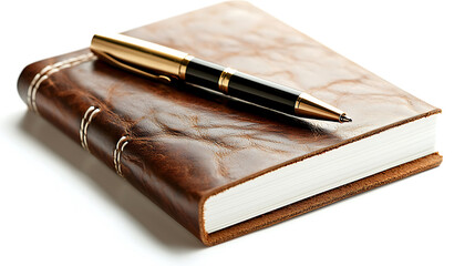 Sleek leather notebook with pen, perfect for jotting down thoughts and ideas, adds touch of elegance to any workspace