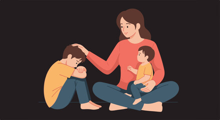 A mother comforts two children, one sad, the other held in her lap.