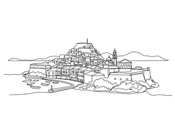Corfu in Greece one line drawing style	