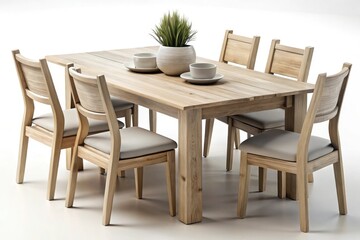 Obraz premium Rustic wooden dining table with six chairs and decorative plant and cups isolated on white background