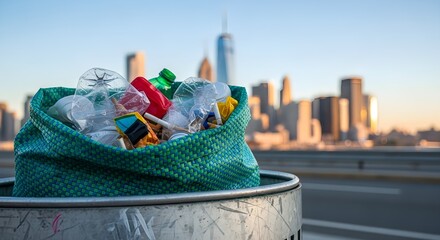 Plastic waste overflowing from a bag in an urban setting, highlighting environmental challenges and the need for recycling in modern cityscapes