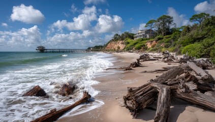 Obraz premium A picturesque beach scene featuring driftwood, crashing waves, and a charming coastal house nestled on a hillside.