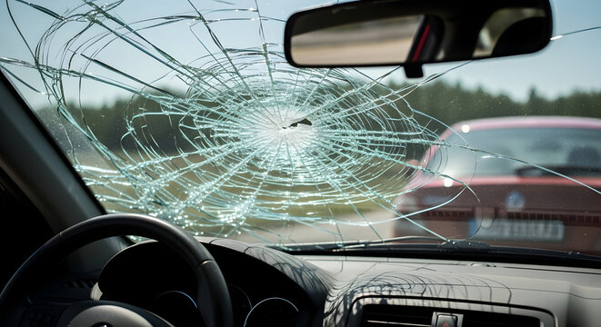 Shattered windshield after a car accident needs immediate replacement, causing significant damage and requiring professional auto glass repair services.