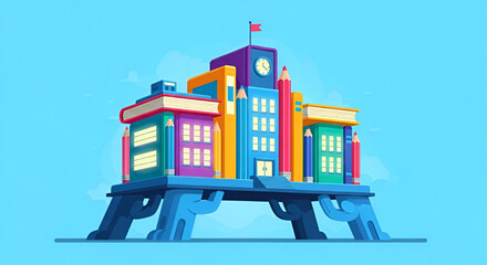 Naklejka premium Flat Vector Illustration of Safe Education Infrastructure with Symbolic School Design