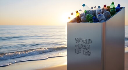 A metal bin overflowing with plastic bottles and discarded waste on a serene sandy beach at sunset, symbolizing global efforts for environmental clean-up and a cleaner future for oceans and coastlines