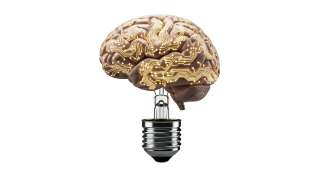Innovative artificial intelligence concept with circuit board brain atop a vibrant lightbulb, sparking creativity and modern technology solutions