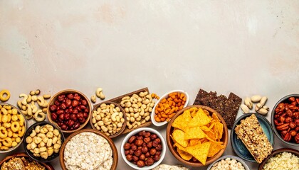 A variety of snack foods arranged on a table top, including nuts, chips, and granola bars,Snack foods including granola bars and nuts in wooden and white bowls on a beige background
