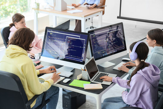 Teenage students studying at school computer lab