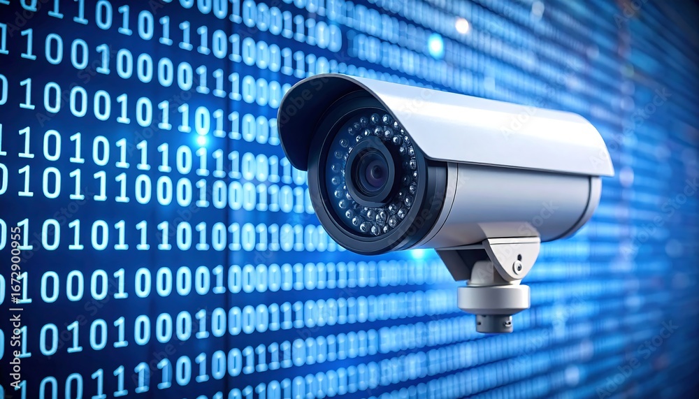 Wall mural a security camera against a binary code backdrop