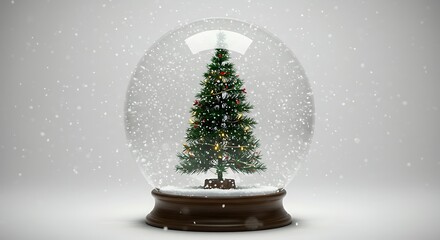 Christmas tree inside a snow globe with falling snow on a white background studio