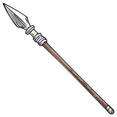 Illustration of a spear weapon with a wooden handle and a sharp metallic tip, isolated on a white background, showing its design and form